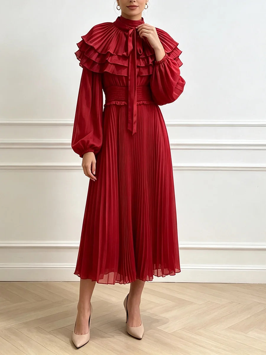 VGH Classy Layer Ruffled Stand Collar Chiffon Maxi Dress for Women Tie Neck Balloon Long Sleeve Smocked Waist Pleated for Party