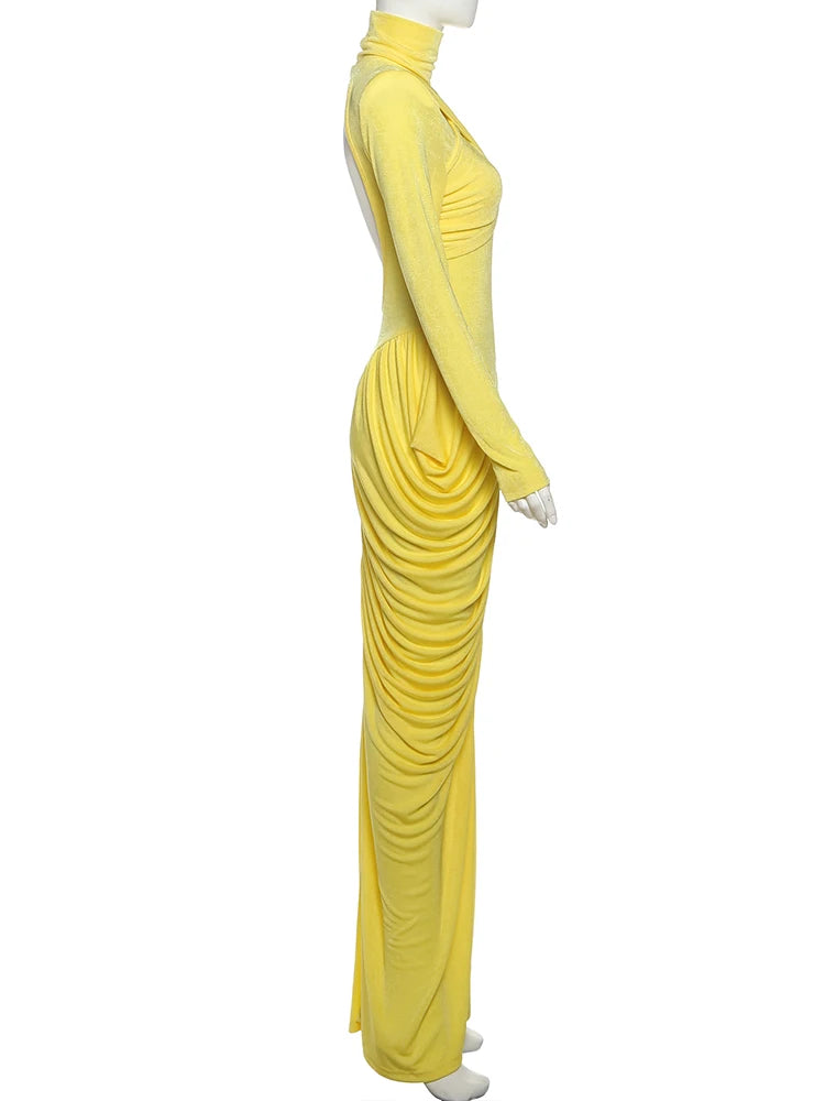 Weird Puss Autumn New Style Maxi Dress Women Turtleneck Full Sleeve Backless Skinny Stretch  Prom Party Ruched Elegant Vestidos
