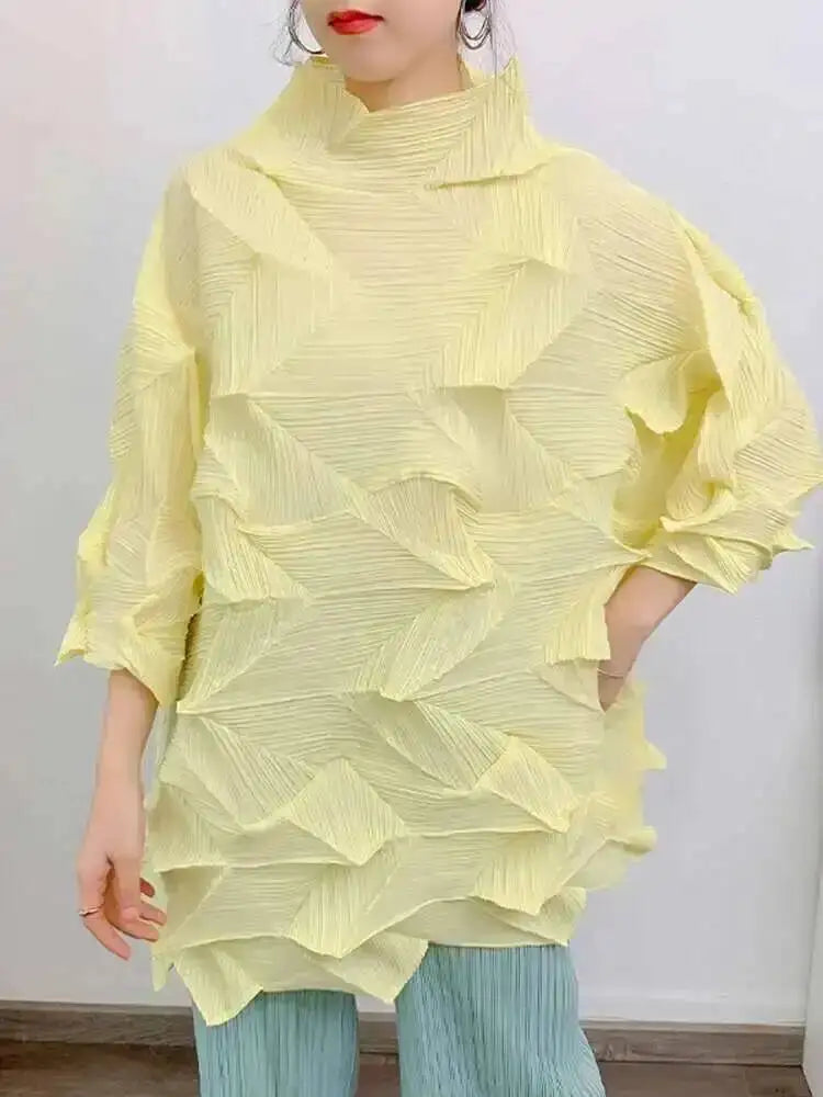 Women's Pleated Stand Collar Top | Loose Solid Colour Chic T-Shirt | Spring Summer 2026 | AvantBah