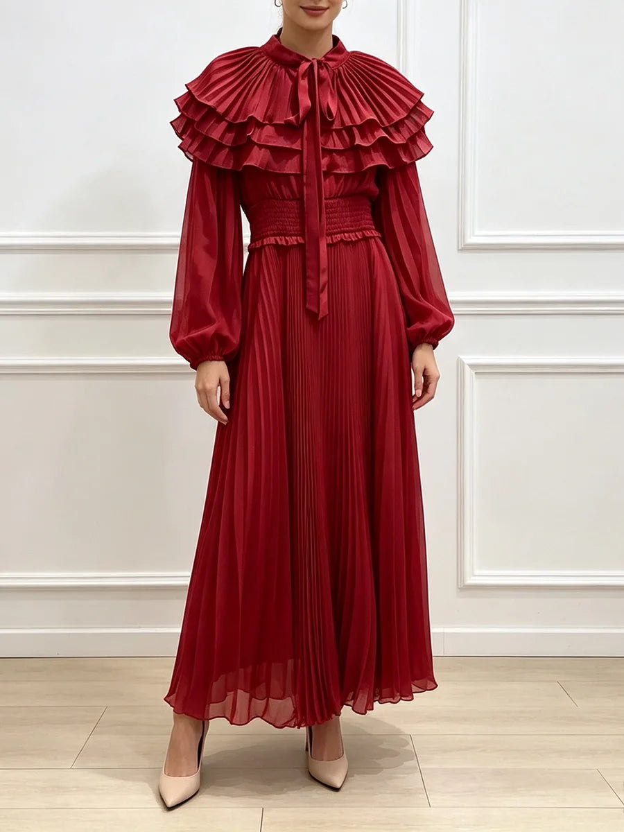 VGH Classy Layer Ruffled Stand Collar Chiffon Maxi Dress for Women Tie Neck Balloon Long Sleeve Smocked Waist Pleated for Party