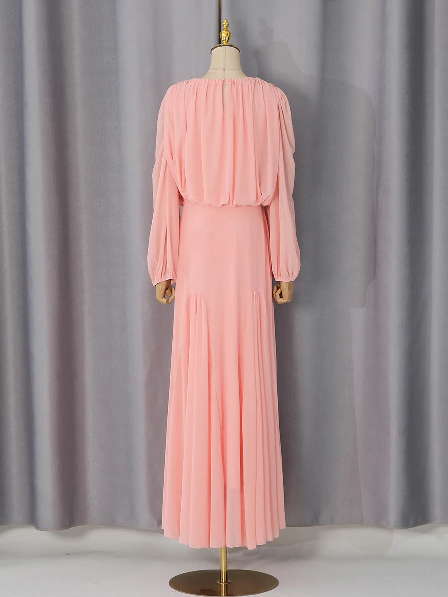 VGH Yellow Dinner Loose Folds Maxi Dresses for Women O Neck Shoulder Pud High Waist Temperament Dress Female Fashion Clothing