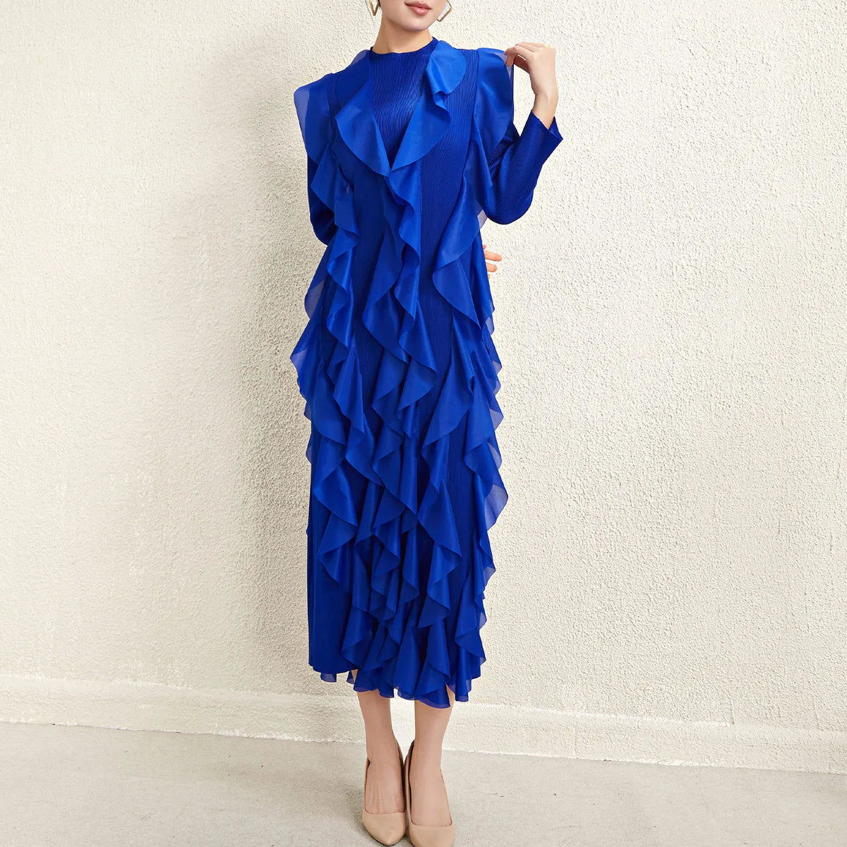 Miyake Style Pleated Dress for Women 2025 Solid Color Round Neck Long Sleeve Loose Large Size Ruffled Irregular Long Skirt