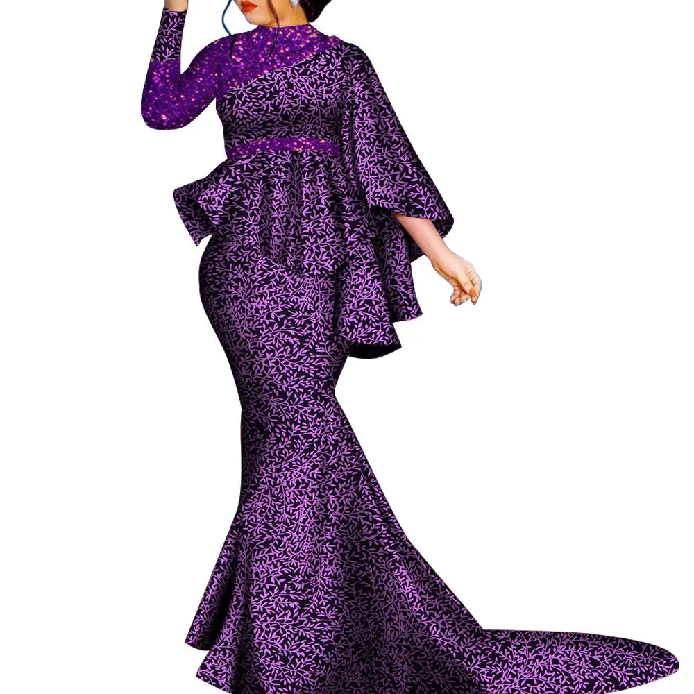 Women’s Ankara Print Bazin Riche 2-Piece Set – Sequin Bat Sleeve Top & Long Skirt | Dashiki | Party & Wedding | XS–6XL | 12 Prints