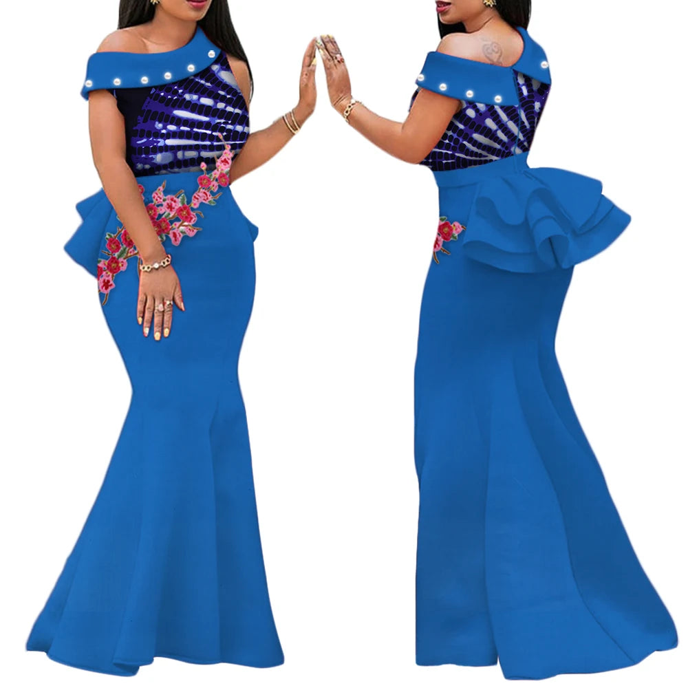 African Print Dresses for Women Riche Applique Draped Peals Long Dress Party Vestidos Traditional African Lady Clothing WY444