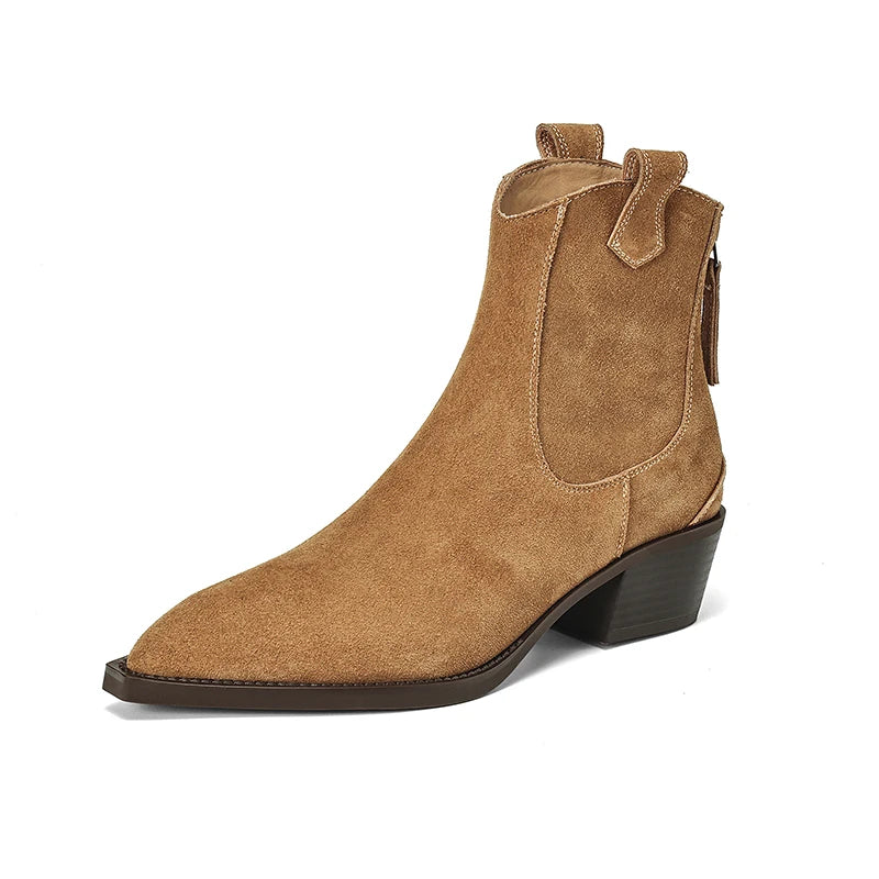 New 2025 Trend Autumn Cow Suede Women Western Boots Black Brown Khaki Chocolate Green Burgundy Pointed Toe Ladies Ankle Boots