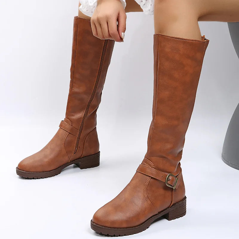 Women Knee High Boots Platform Long Boots Low Heels Round Toe Shoes New Zip Brown High Boot Vintage Pu Leather Women Boots 2025