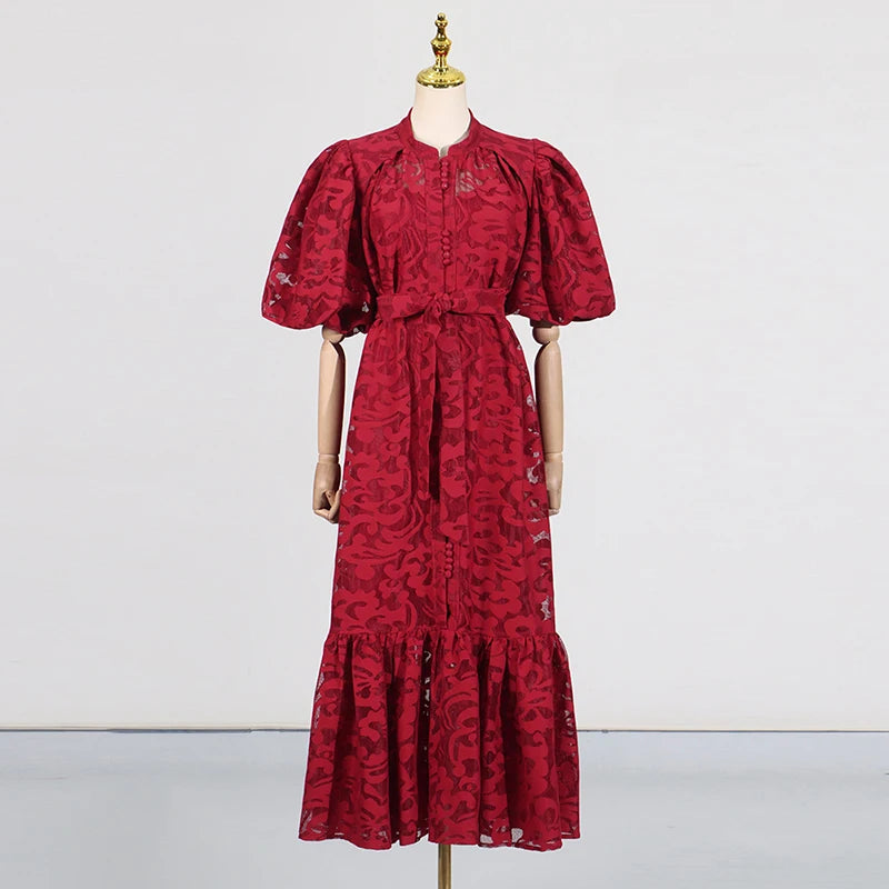 VGH Fashion Patchwork Bow Mesh Dresses for Women Round Neck Long Sleeve Spliced Embroidery Temperament Dress Female Clothing New