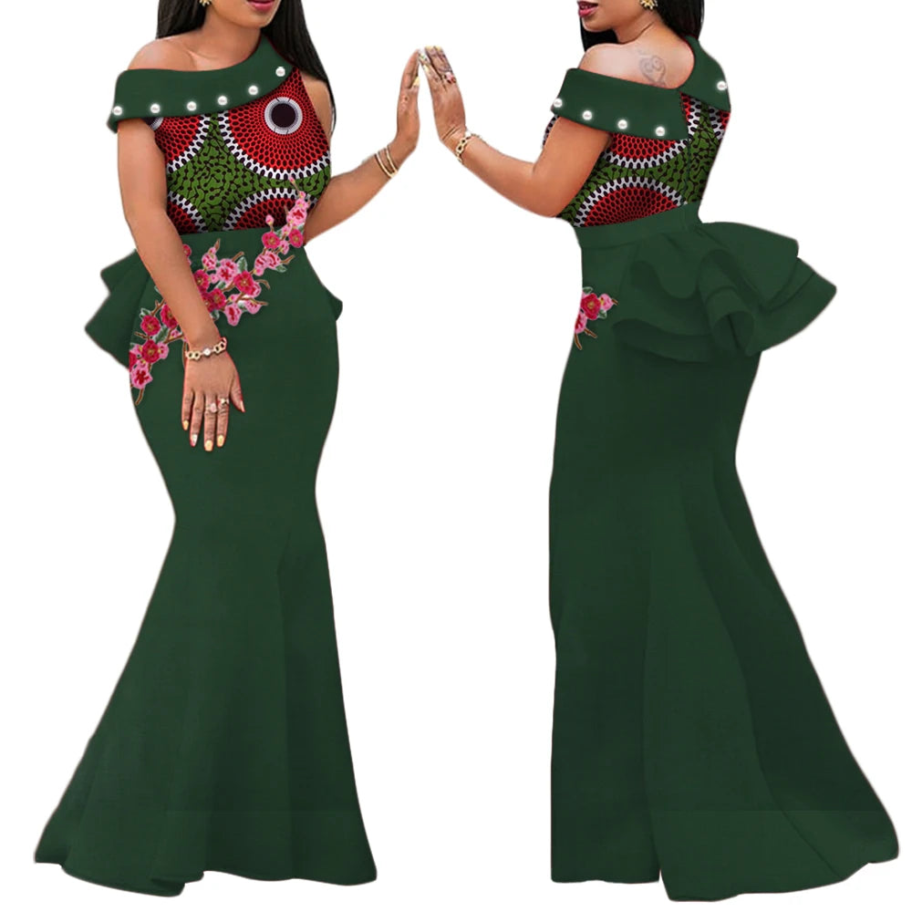 Women’s Ankara Print Appliqué & Pearl Long Dress – Draped | Kanga Riche | Wedding, Party & Traditional | XS–6XL + Custom | 11 Prints