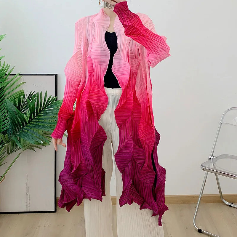 Women's Miyake Pleated Gradient Cardigan Cape Jacket | Loose Mid-Length Autumn Coat 2025 | AvantBah