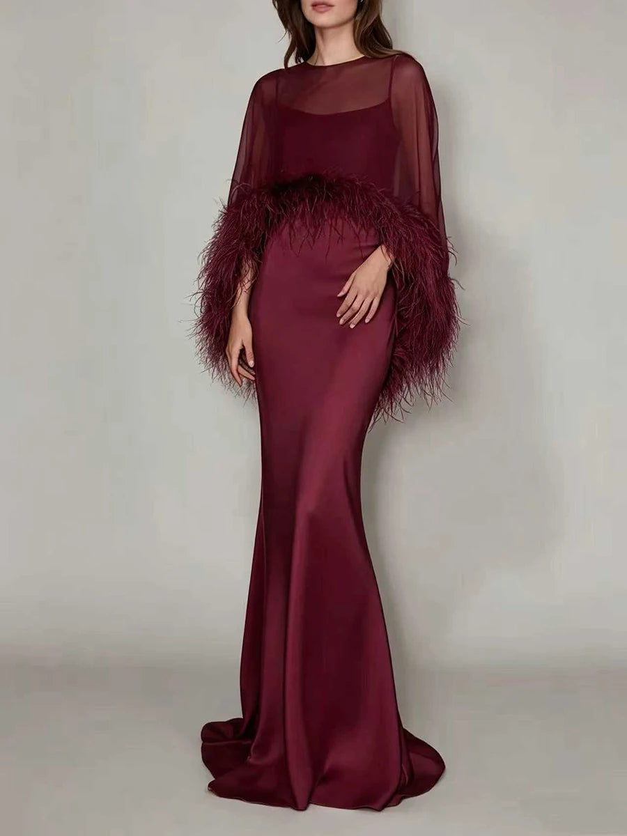 VGH Formal Feather Cape Sleeve Maxi Dress for Women O Neck Spaghetti Strap Floor Length Long Evening Prom Cocktail Party Gown
