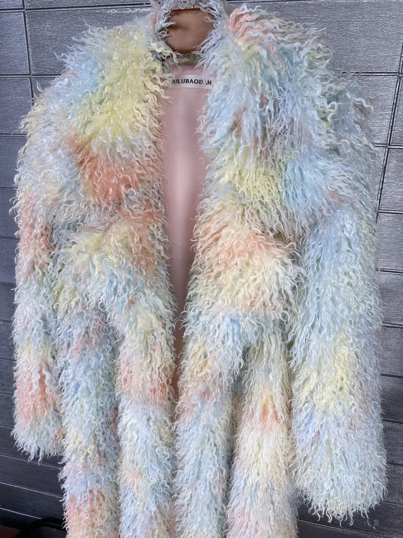 LANMREM Trendy Women's Faux Fur Coat Printed Colorful Furry Coats Autumn Winter Chic Suit Collar Thick Long Overcoat 2DB5840