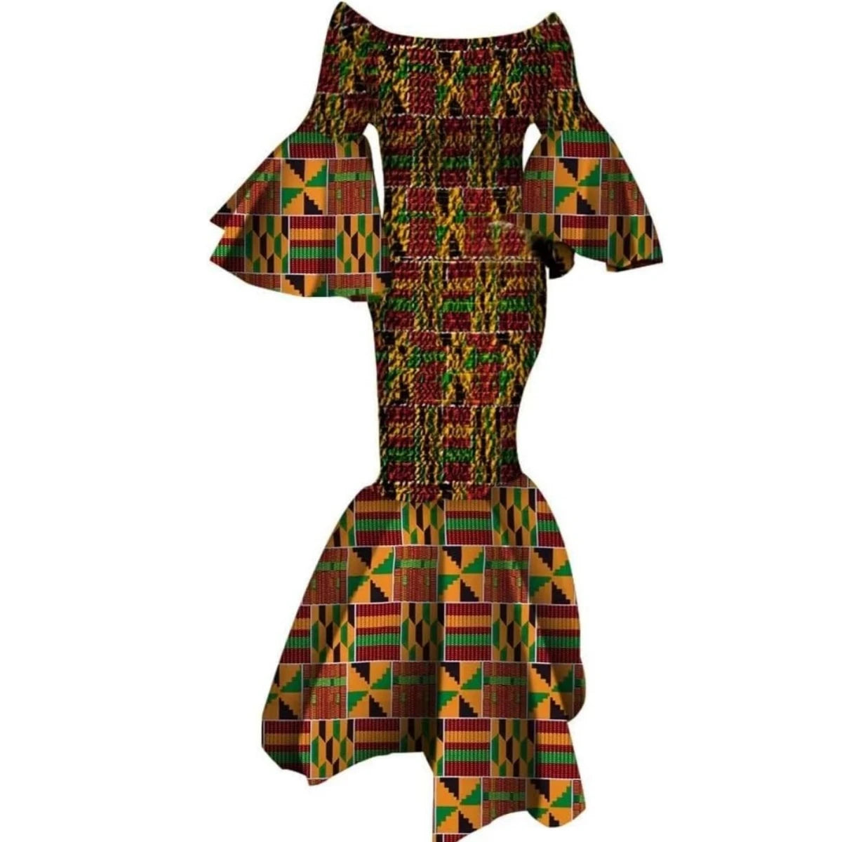 Women’s Ankara Print Ruffle Sleeve Stretch Maxi Dress – Draped | Kanga | Wedding, Party & Casual | XS–6XL + Custom | 9 Prints