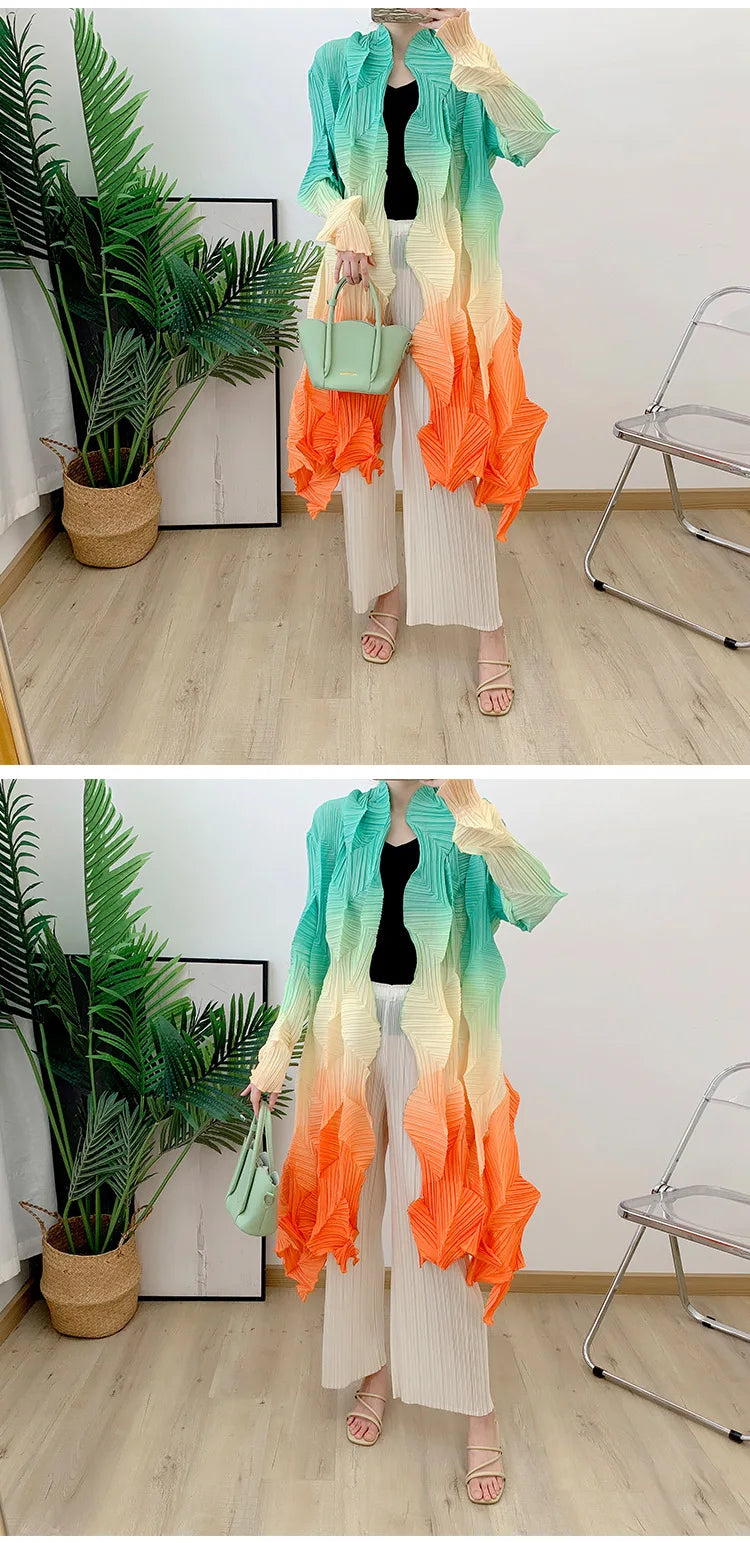 Women's Miyake Pleated Gradient Cardigan Cape Jacket | Loose Mid-Length Autumn Coat 2025 | AvantBah