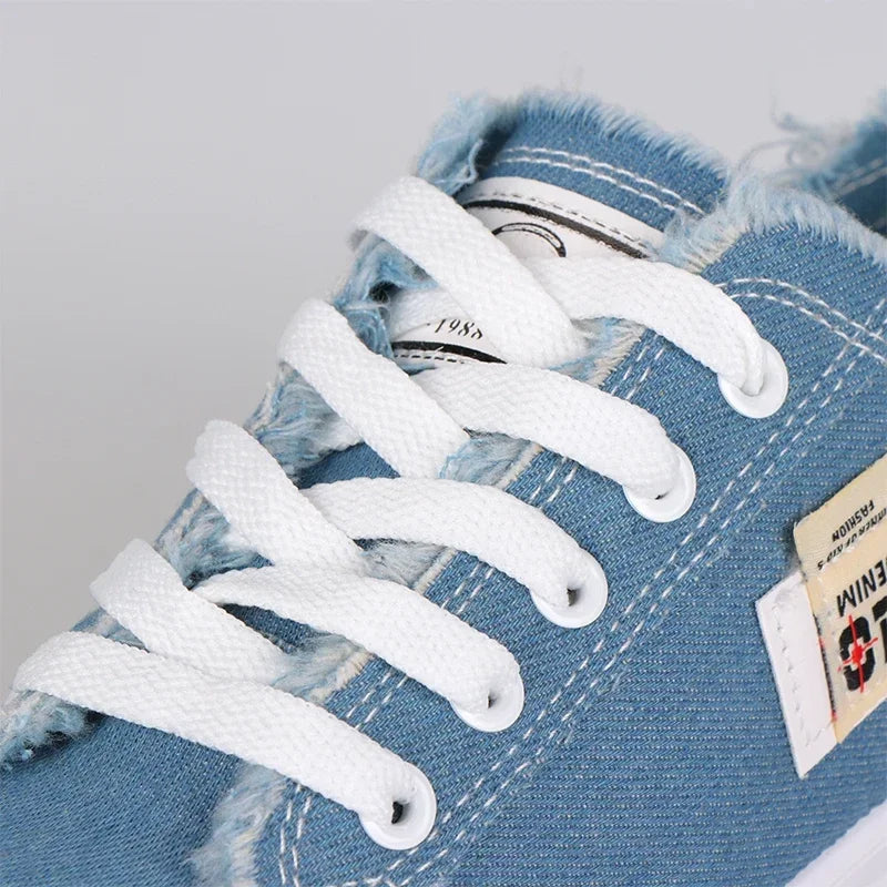 Women's Denim Canvas Sneakers | Low Top Lace-Up Flat Board Shoes | HotTrendyPicks