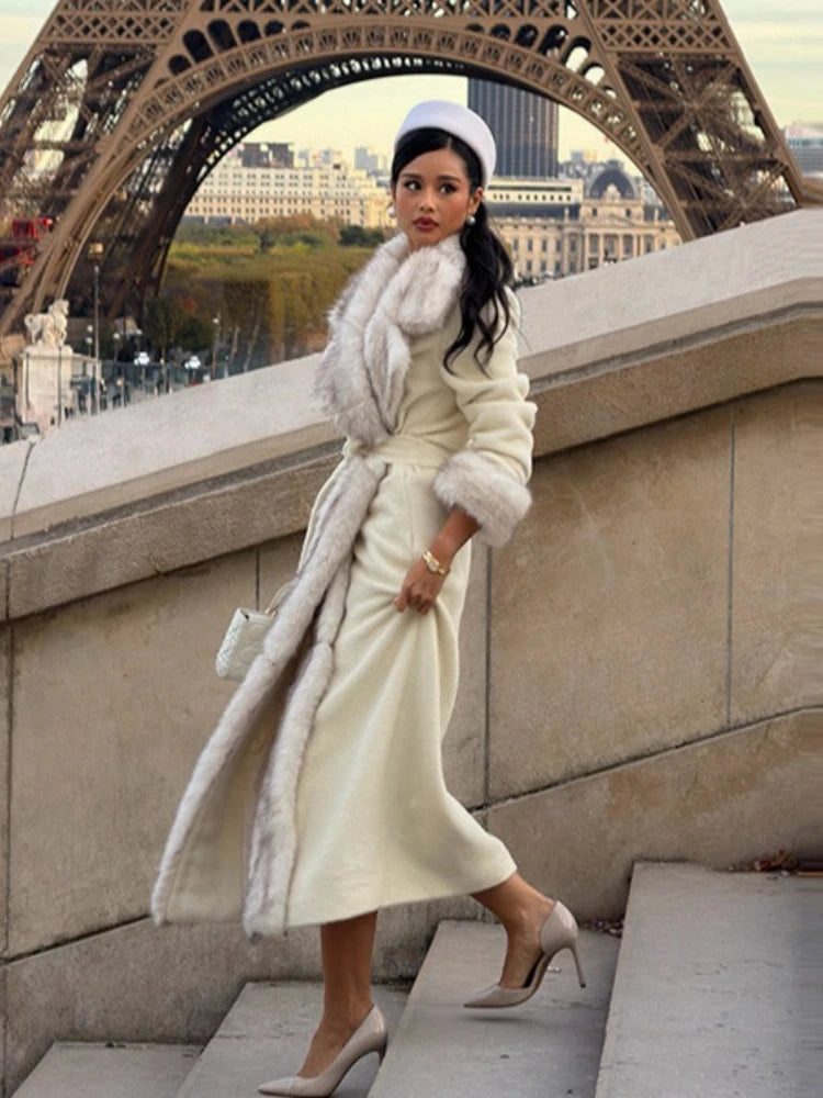 2026 Woman Vintage Faux Fur Woolen Long Luxury Overcoat Chic Full Sleeve V-neck Lace Up Loose Coat New Lady Commute Warm Outwear