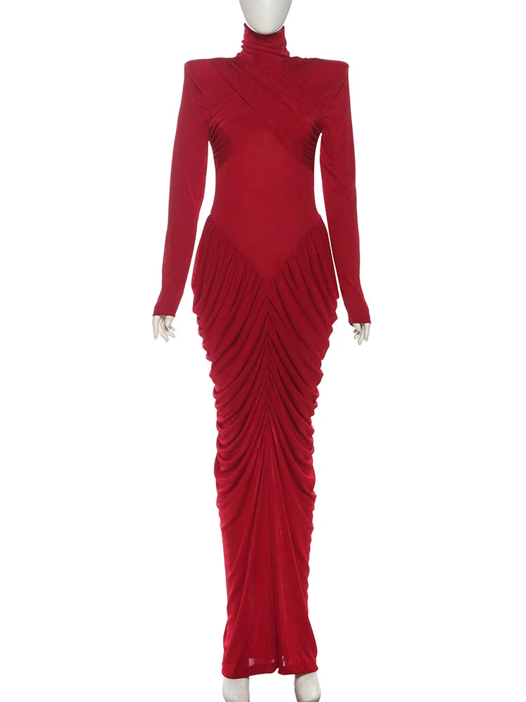 Weird Puss Autumn New Style Maxi Dress Women Turtleneck Full Sleeve Backless Skinny Stretch  Prom Party Ruched Elegant Vestidos