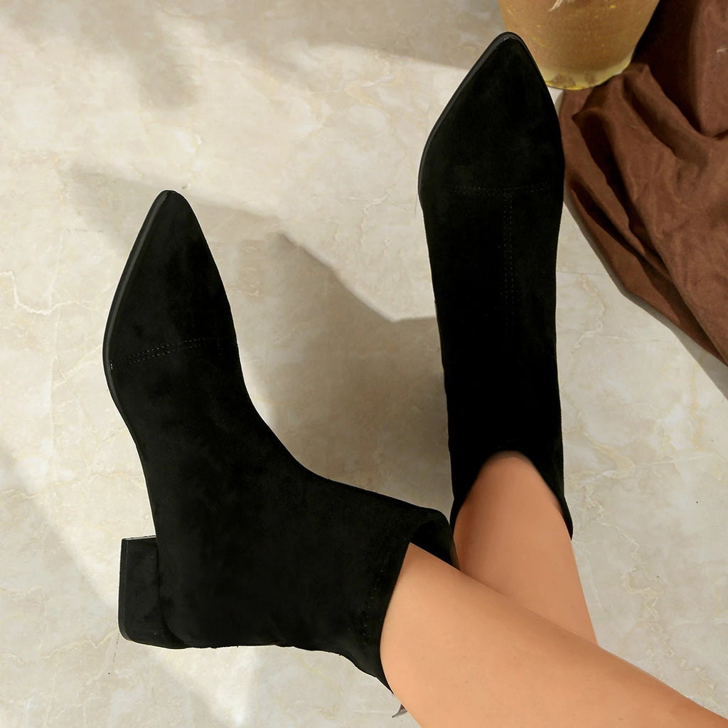 Winter Comfortable Square Heel Zipper Plus Size Work Boots Fashionable New Pointed Suede Sexy Casual Riding Boots for Women