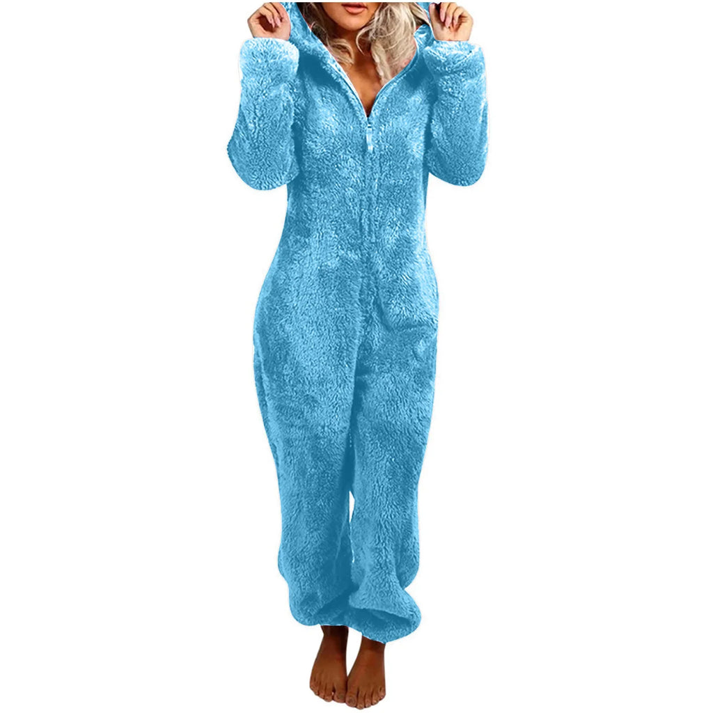 Autumn Winter Thick Fleece Women's Onesie Pajamas with Hat Casual Style Comfortable Soft Fabric
