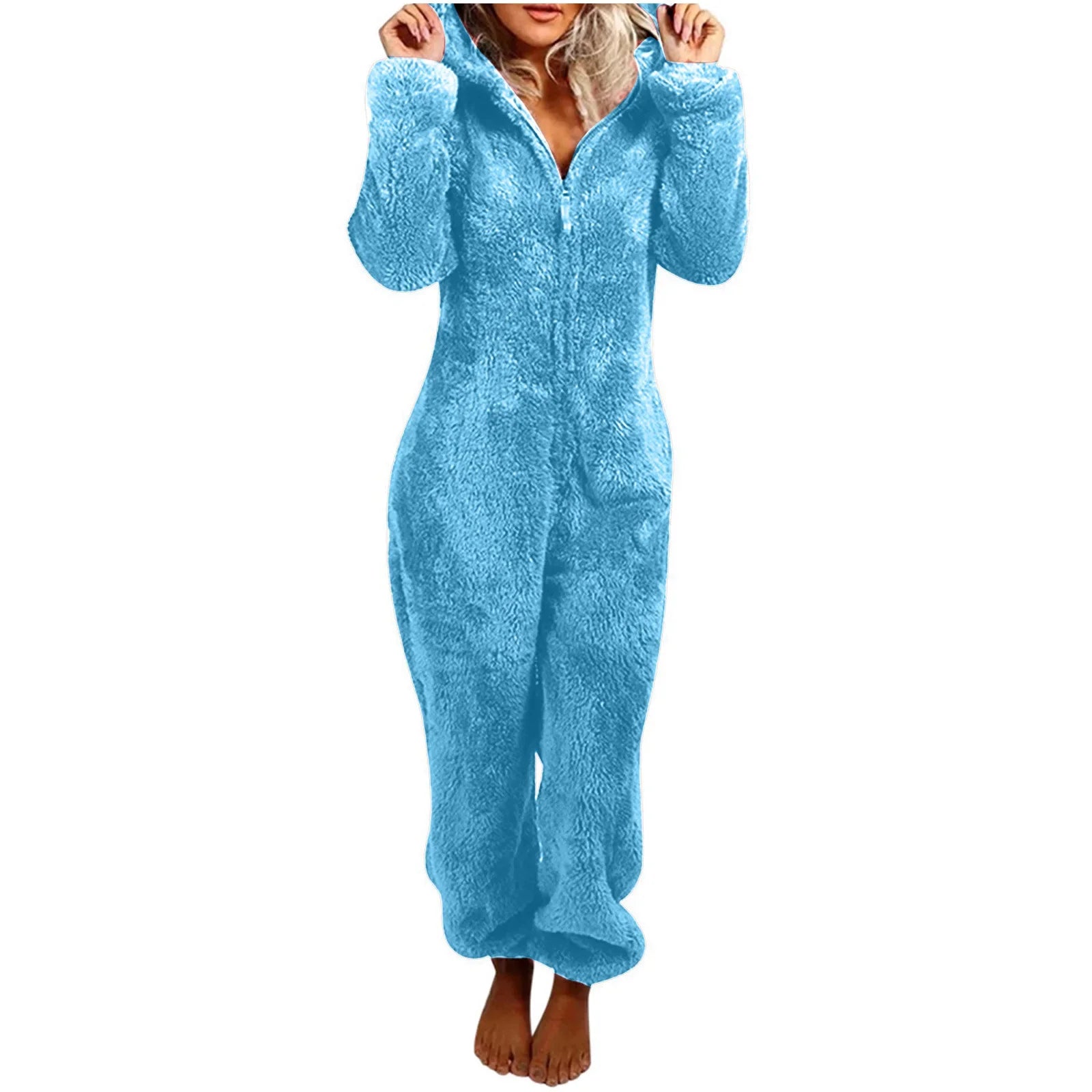 Autumn Winter Thick Fleece Women's Onesie Pajamas with Hat Casual Style Comfortable Soft Fabric