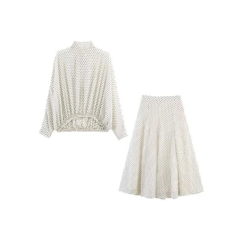 Polka Dot Skirt 2 Piece Set Women Casual High Collar Tie Full Sleeves Elastic High Waist Long Skirt Suit Lady Daily Outfit New