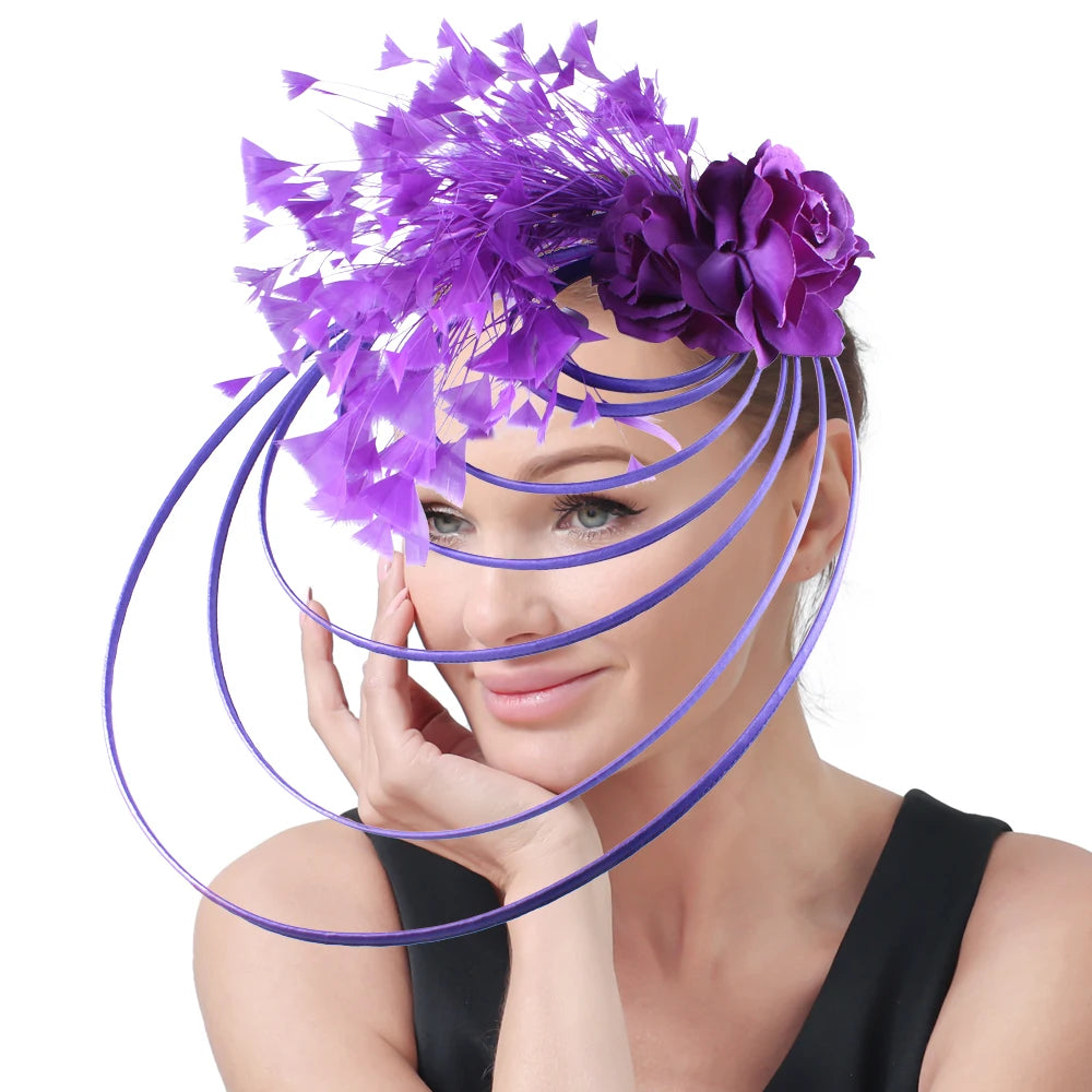Gold Fascinator Hat Wedding Church Headpiece Women Formal Event Tea Chapeau Cap party elegant bride Feather Millinery Femme