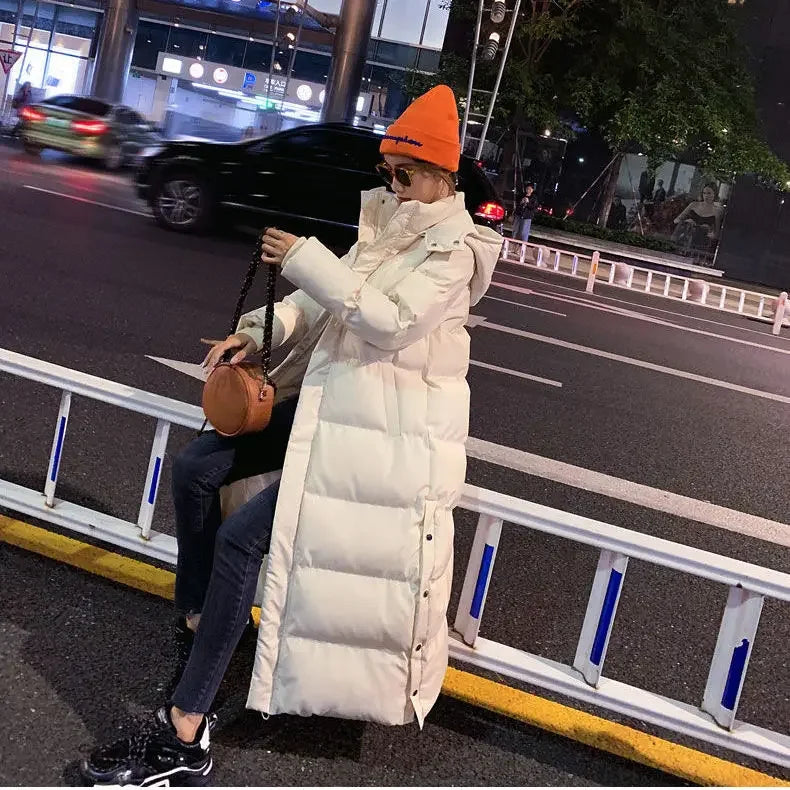 Women’s Long Hooded Cotton-Filled Coat with Zip