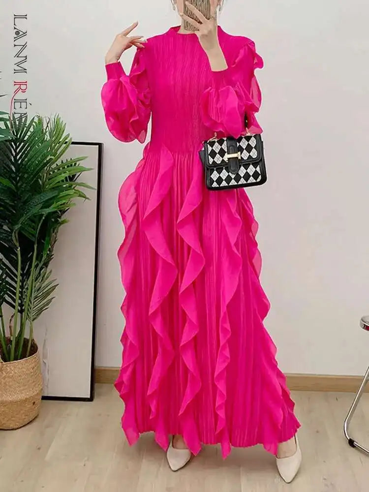 LANMREM Elegant Pleated Dress For Women Stand Collar Puff Sleeves High Stretch Personalized Dresses 2025 Spring New 2Z2817