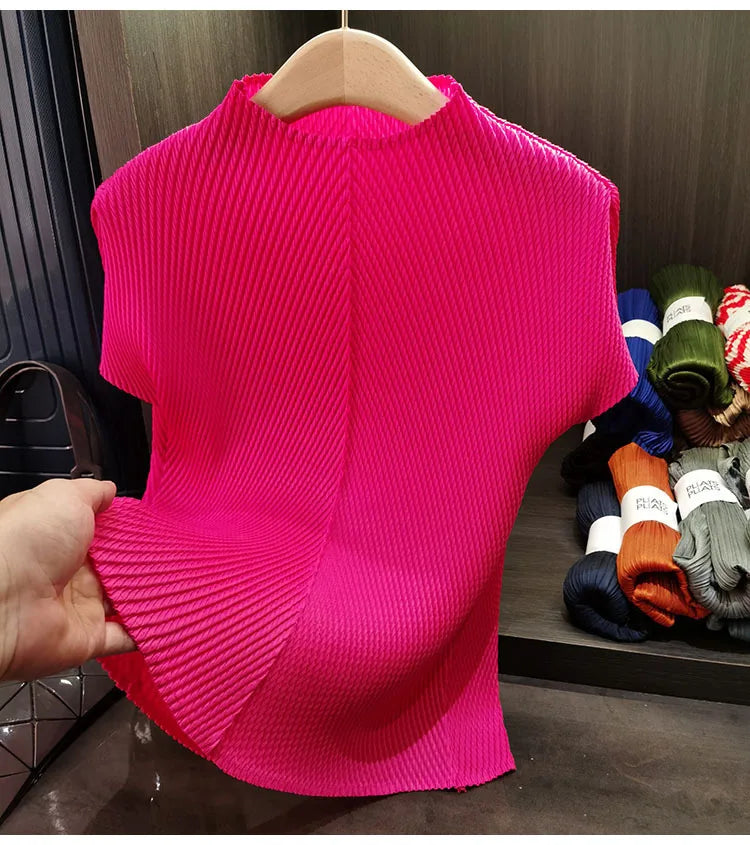 LANMREM Stand Collar Dragon Scale Pleated T-shirt High-end Versatile Slimming Short Sleeved Women's Summer Pullover Tops 2DB3044