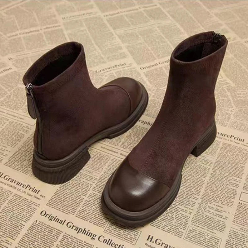 Women Patchwork Suede Ankle Boots Back Zipper Chunky Platform Heel Short Boots Fashion Autumn Winter Botas Mujer