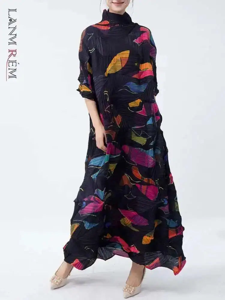 LANMREM Large Size Pleated Dress For Women Turtleneck Printing Loose Dresses Female Casual Clothing 2025 Spring New 2DB2113