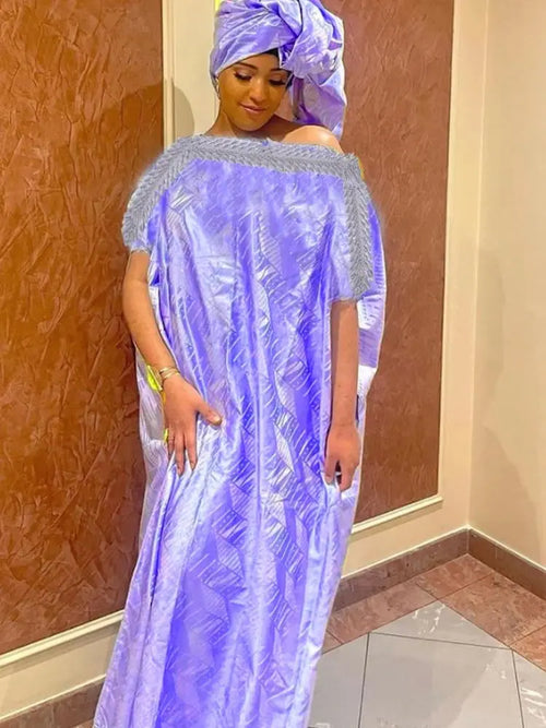 African Bazin Riche Wedding Dress & Headscarf Set – Ankara Dashiki Bridal Robe | Embroidery & Stone Detail | Free Size