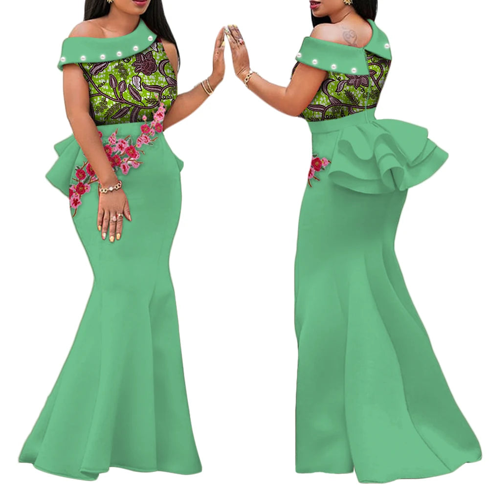 African Print Dresses for Women Riche Applique Draped Peals Long Dress Party Vestidos Traditional African Lady Clothing WY444