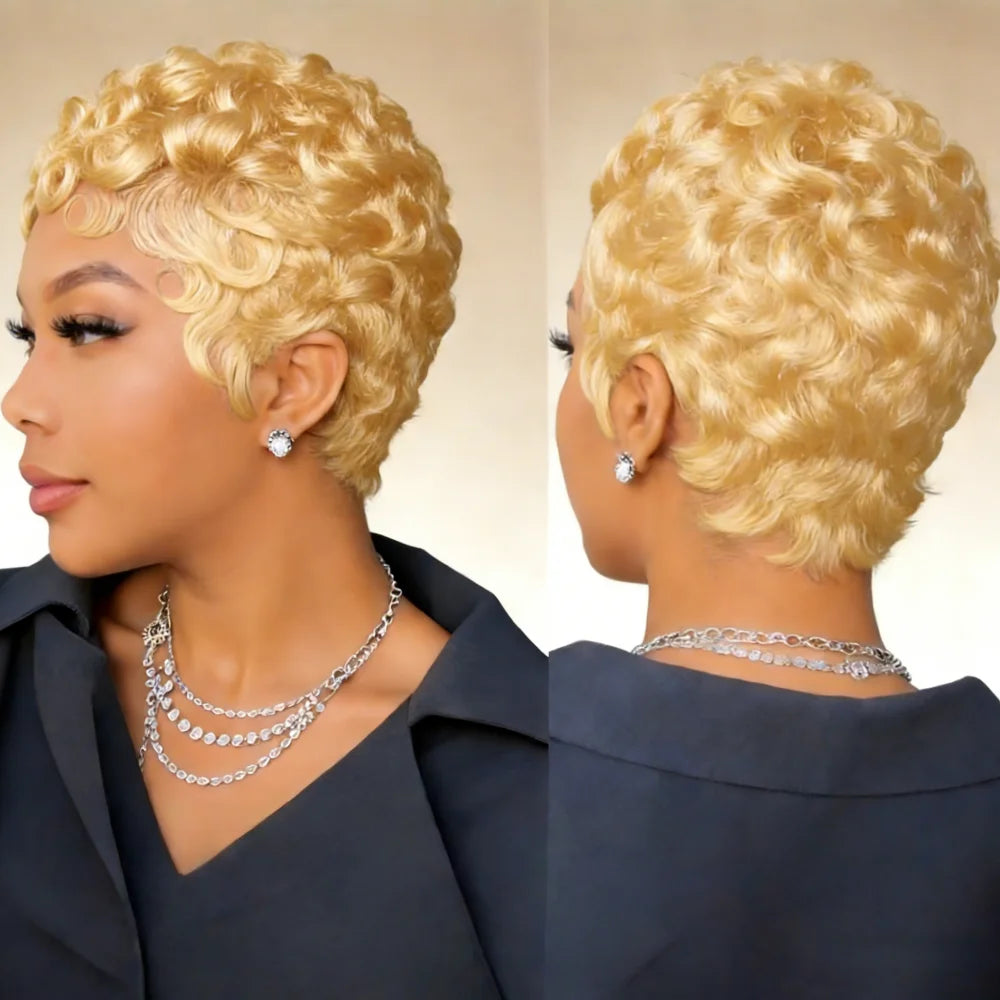 6-Inch Remy Human Hair Pixie Curly Wave Wig with Bangs | 150% Density Full Machine Made Wig, Easy To Wear for Daily Use & Partie