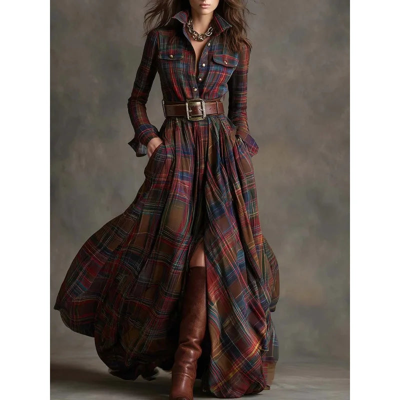 French Retro Plaid Maxi Shirt Dress – Slit | Belted | Polo Collar | Princess Sleeves | Pockets | S–XXL | 6 Colours