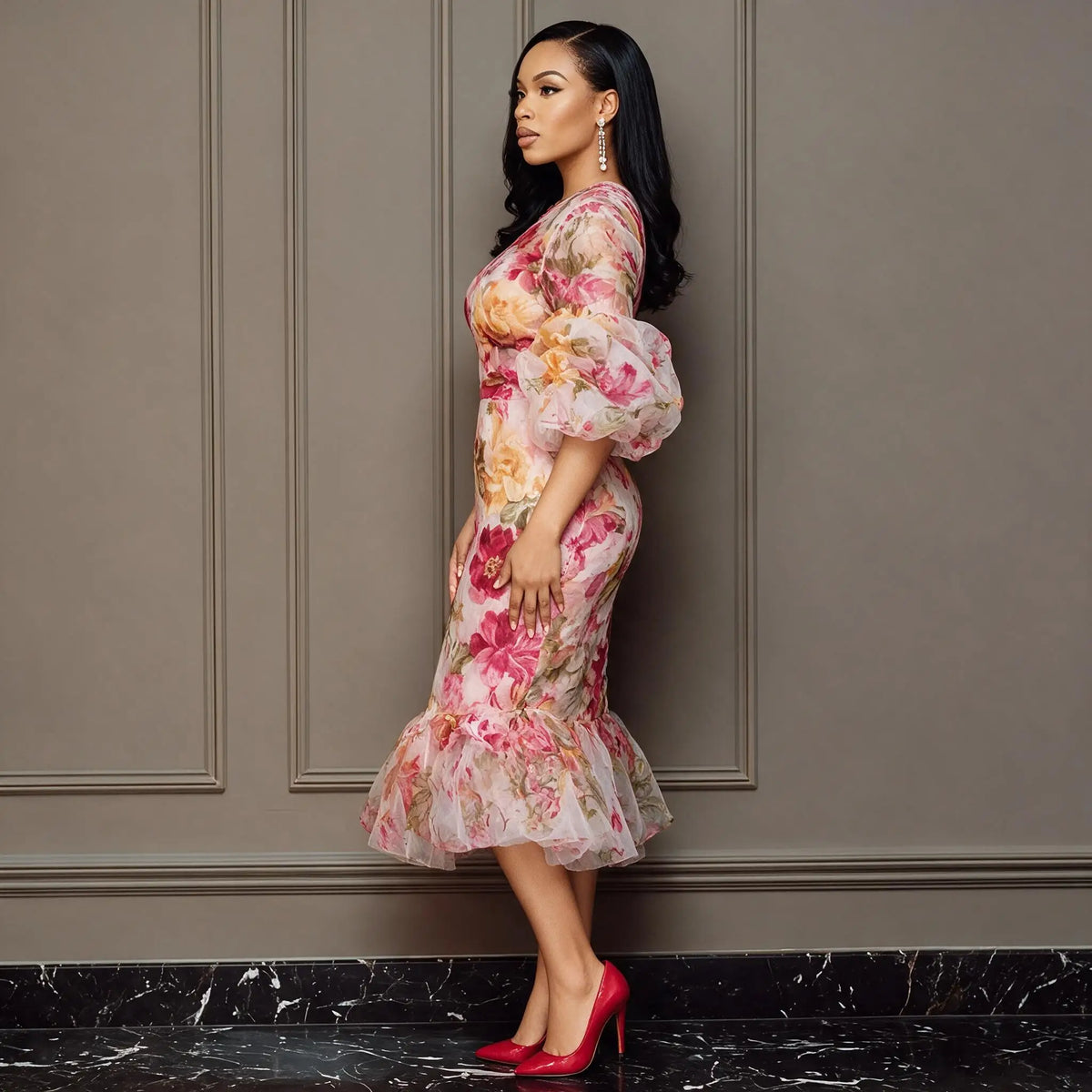 Women Floral Mermaid Midi Dress Round Neck Puff Bubble Sleeve Ruffle Hem Elegant Wedding Guest Cocktail Evening Formal Dress