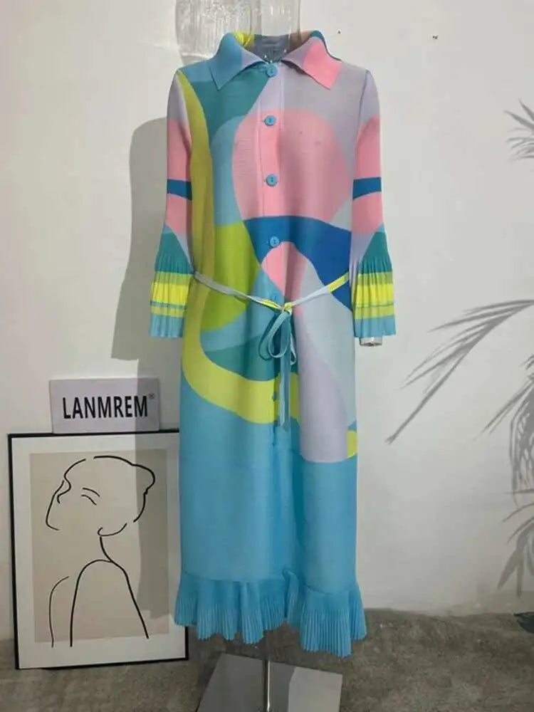 LANMREM Maxi Pleated Dress For Women Lapel Single Breasted Long Sleeves Color Block Tassel Hem Loose Chic Clothing Autumn 2R5928
