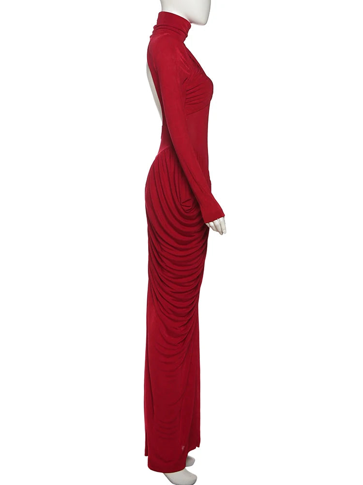 Weird Puss Autumn New Style Maxi Dress Women Turtleneck Full Sleeve Backless Skinny Stretch  Prom Party Ruched Elegant Vestidos