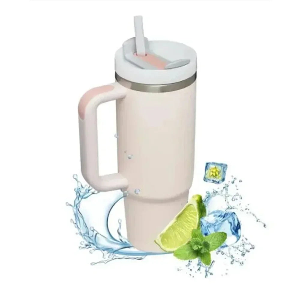 Large capacity 1200ML 304 stainless steel insulated water bottle insulated coffee cart cup hot and cold cups, straw with handle