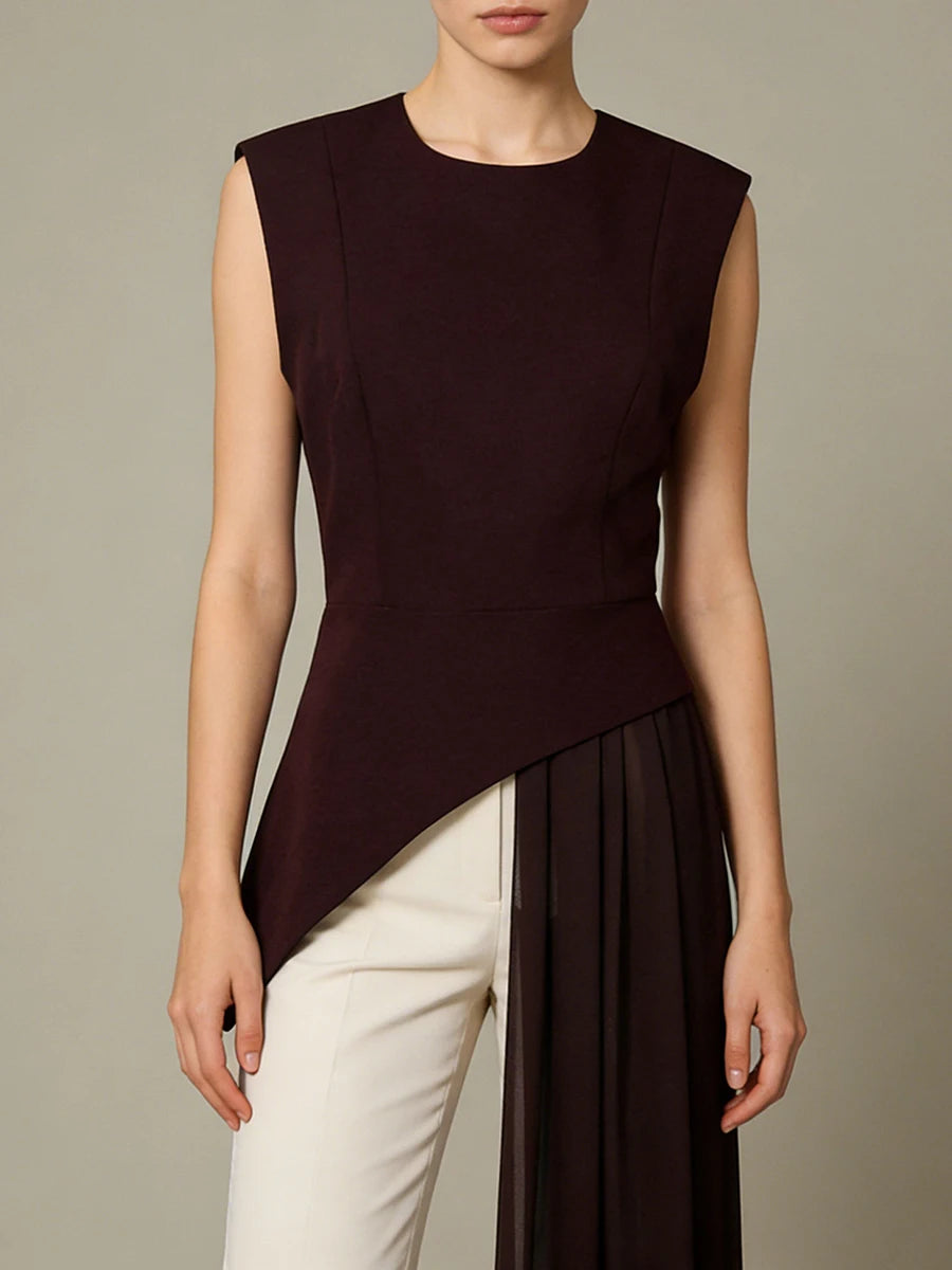 VGH Office Elegant Spliced Zip Sleeveless Shirts for Women O Neck Irregular Hem Spliced Mesh Ribbon Minimalist Blouse Female New