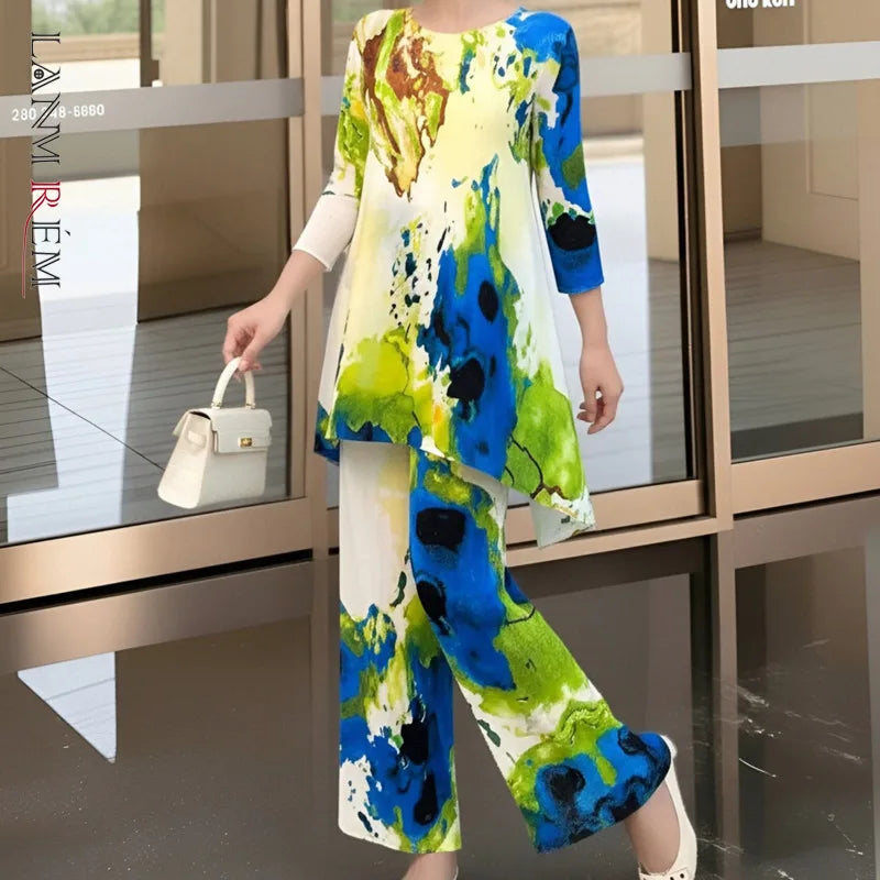 LANMREM Blue Green Tie-Dye Print Women's Two-piece Set Three-quarter Sleeves A-line Top Wide Leg Pants 2026 Spring New 2DB7115