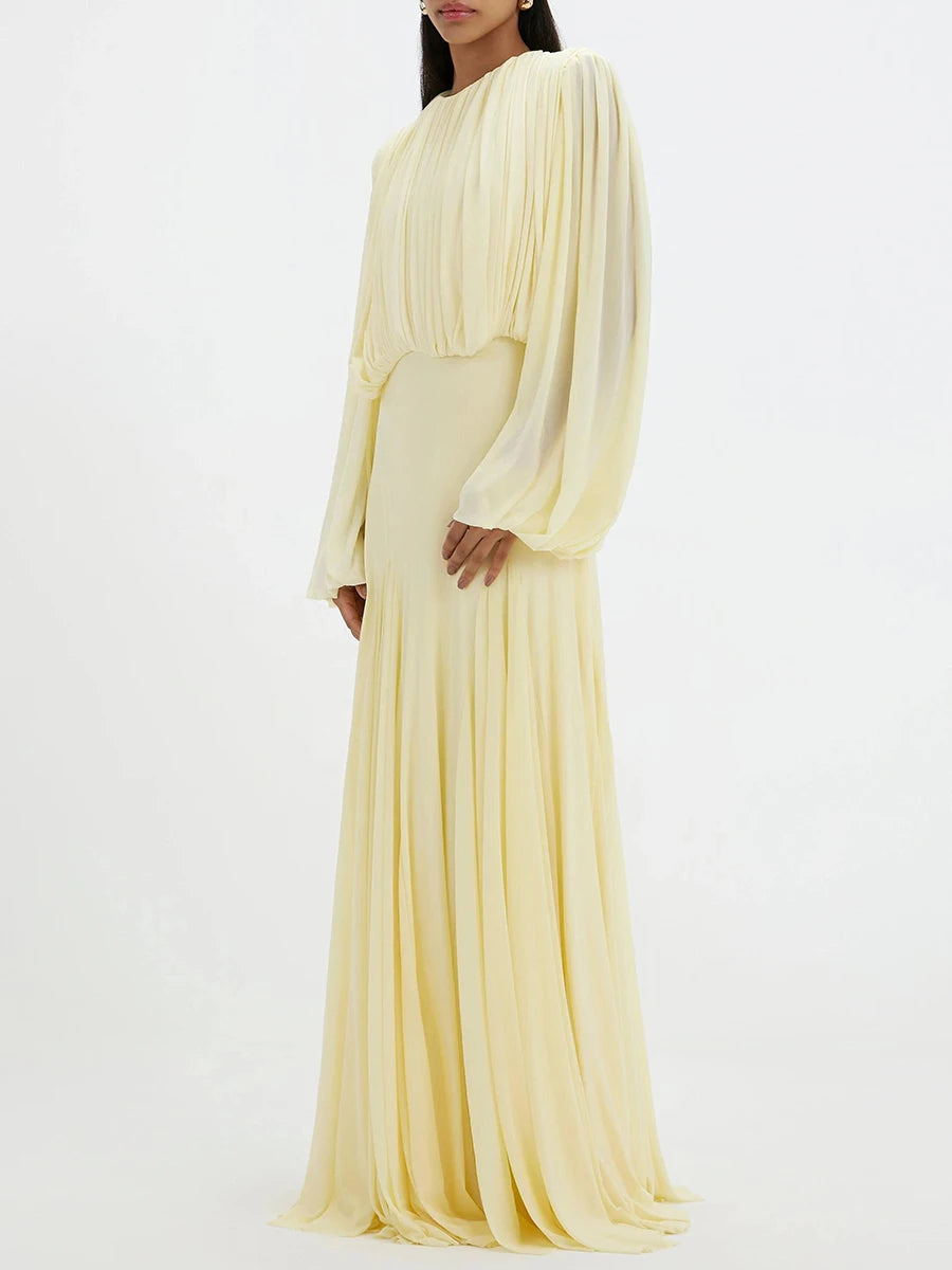 VGH Yellow Dinner Loose Folds Maxi Dresses for Women O Neck Shoulder Pud High Waist Temperament Dress Female Fashion Clothing