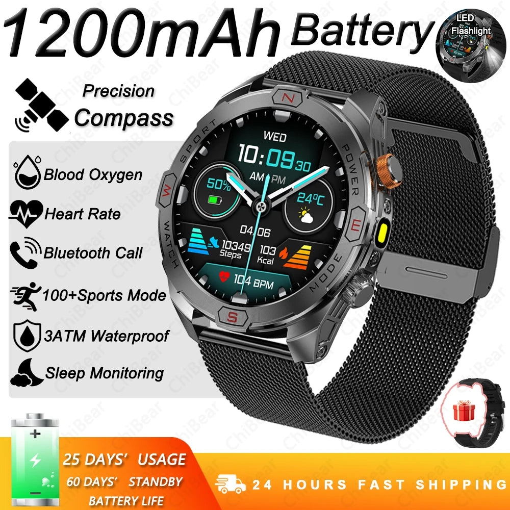 Military Grade 1200 mAh Battery Smart Watch Men LED Flashlight Outdoor Sports Fitness Tracker Compass Bluetooth Call Smartwatch