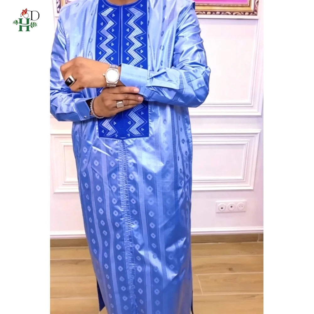 H&D 2026 African Clothing For Man Traditional Agbada Sets 3PCS Blue Thobe Pant Suits Bazin Riche Embroidery Wedding Party Dress