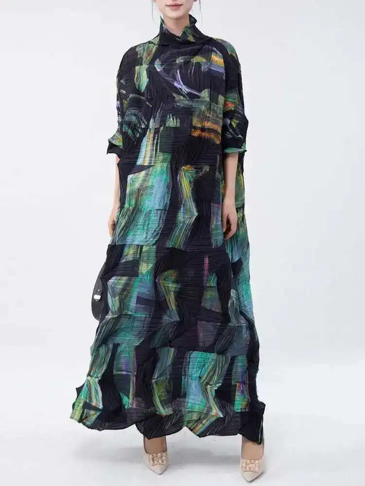 LANMREM Large Size Pleated Dress For Women Turtleneck Printing Loose Dresses Female Casual Clothing 2025 Spring New 2DB2113