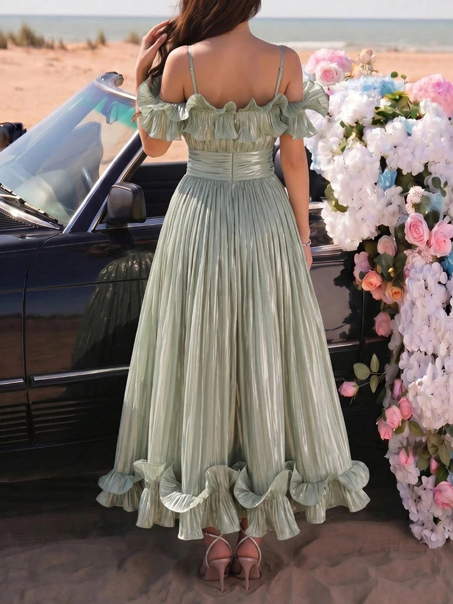 VGH Elegant Off Shoulder Ruffle Midi Maxi Dress for Women Shiny Pleated Waistband Back Zipper for Formal Prom Evening Party Gown