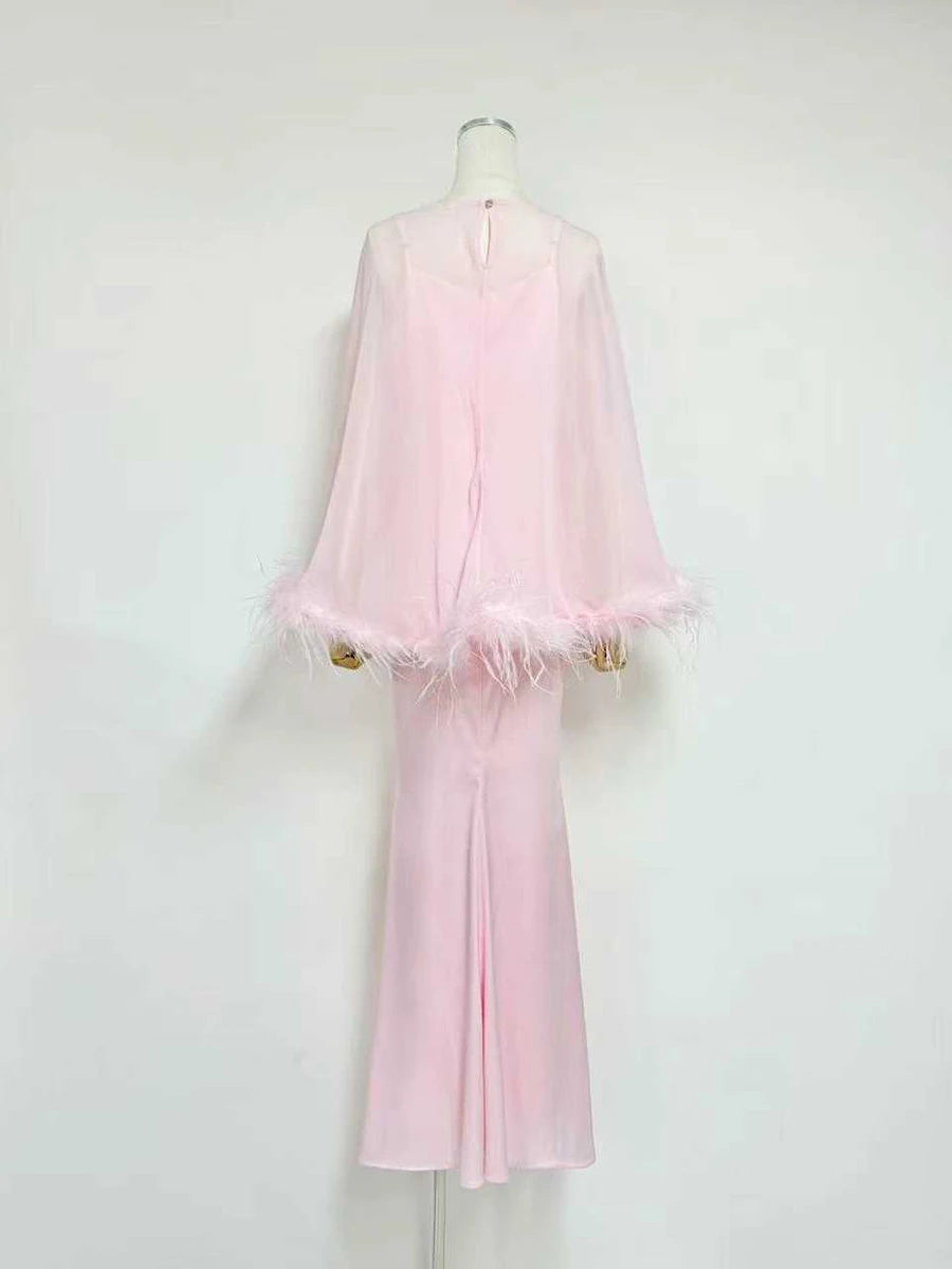 VGH Formal Feather Cape Sleeve Maxi Dress for Women O Neck Spaghetti Strap Floor Length Long Evening Prom Cocktail Party Gown