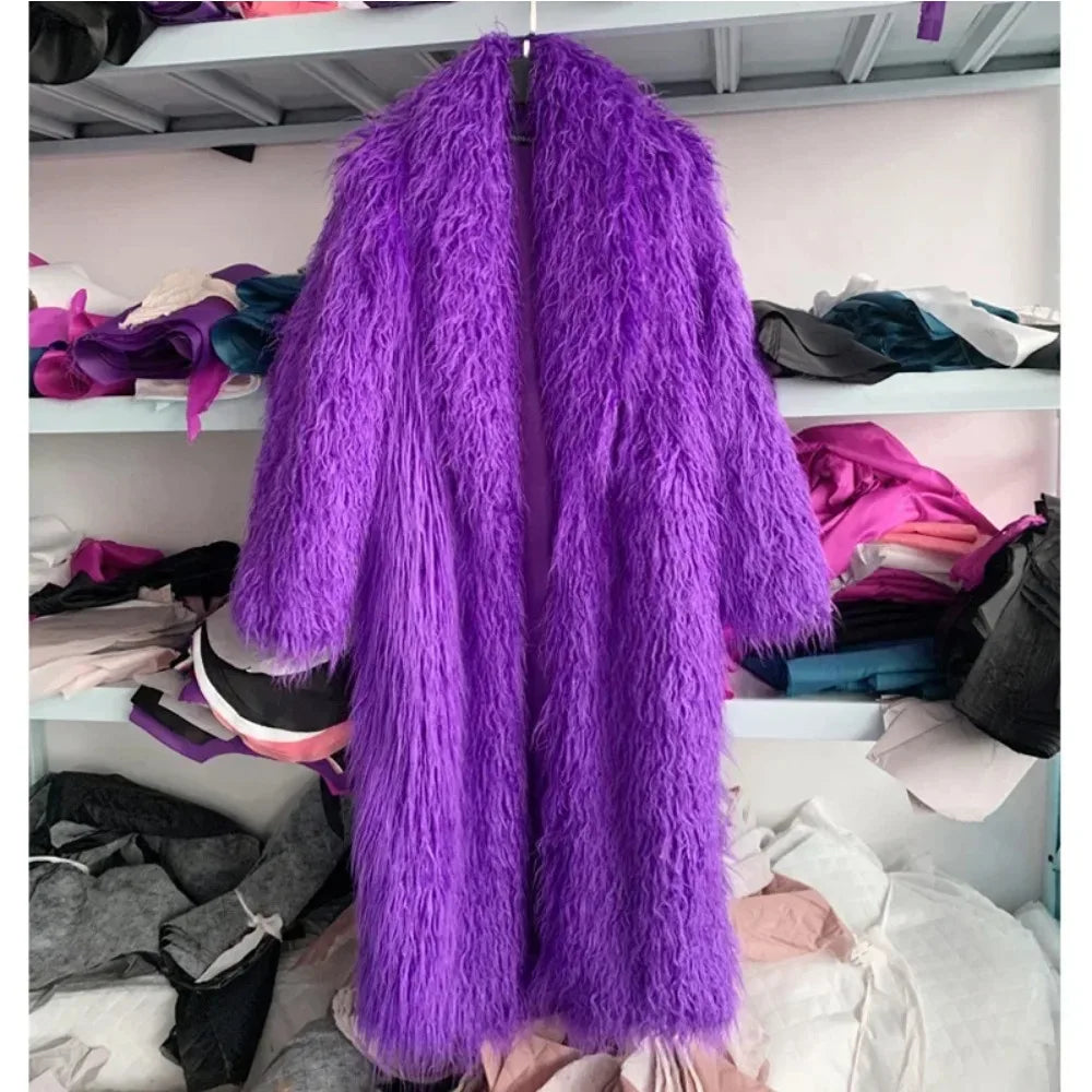 Veste en fausse fourrure femme, manteau long épais et duveteux pour l'hiver, shaggy, ouvert, col rabattu, streetwear