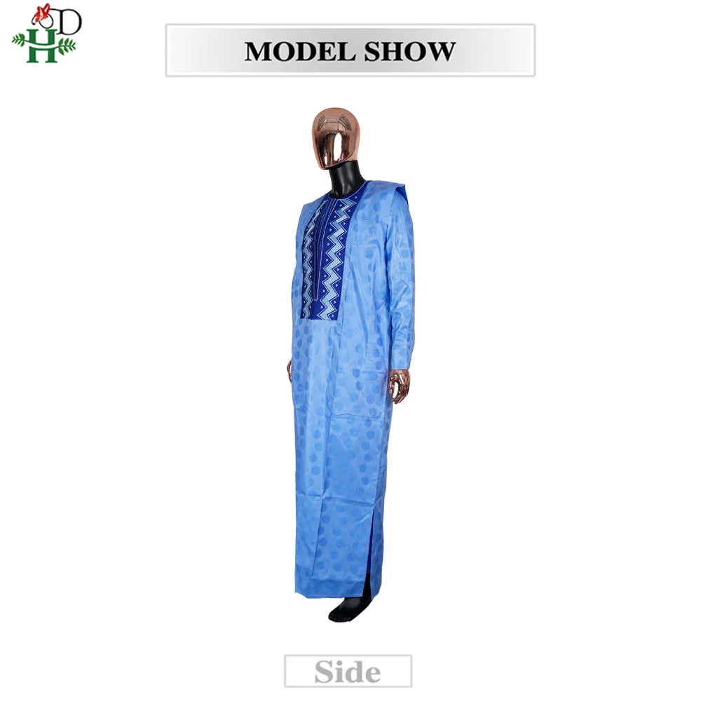 H&D 2026 African Clothing For Man Traditional Agbada Sets 3PCS Blue Thobe Pant Suits Bazin Riche Embroidery Wedding Party Dress