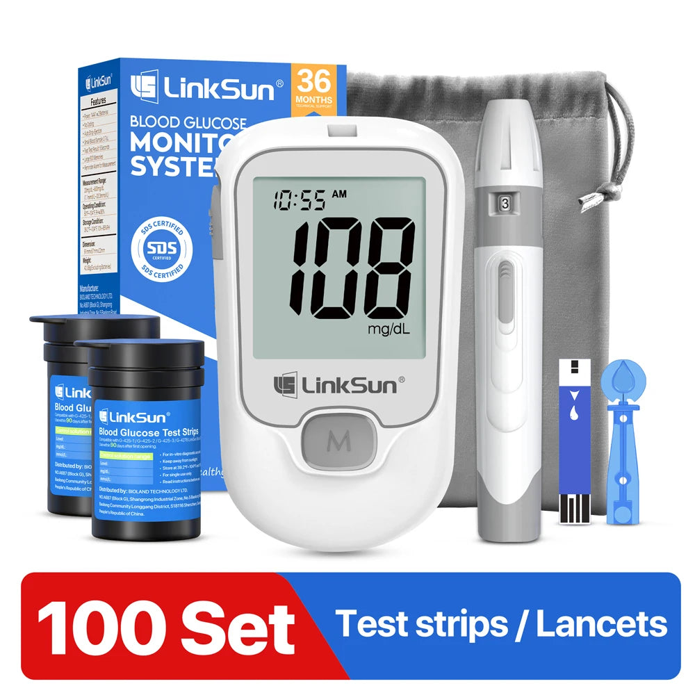 LinkSun G-425-3 Lecteur de glycémie Glucomètre Kit complet médical pour diabète Moniteur de glycémie Bandelettes de test de glucose