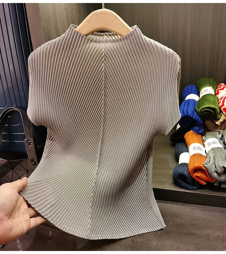 LANMREM Stand Collar Dragon Scale Pleated T-shirt High-end Versatile Slimming Short Sleeved Women's Summer Pullover Tops 2DB3044
